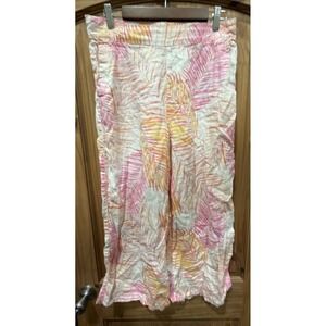 Tahari Linen Wide Leg Crop Pants L Pink Orange Palm Leaf Resort Boho